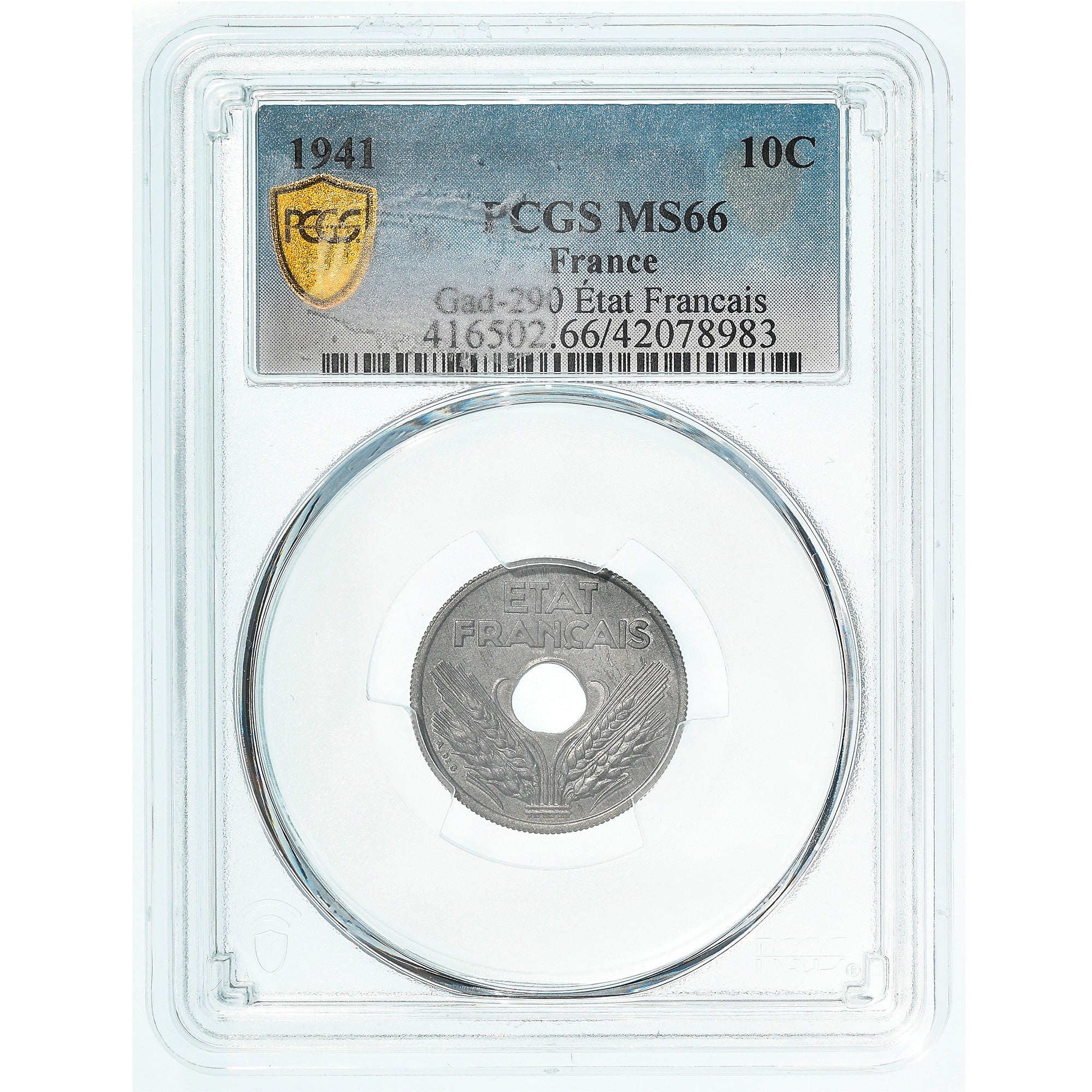 Coin, France, 10 Centimes, 1941, PCGS, MS66, MS(65-70), Zinc, graded, 42078983