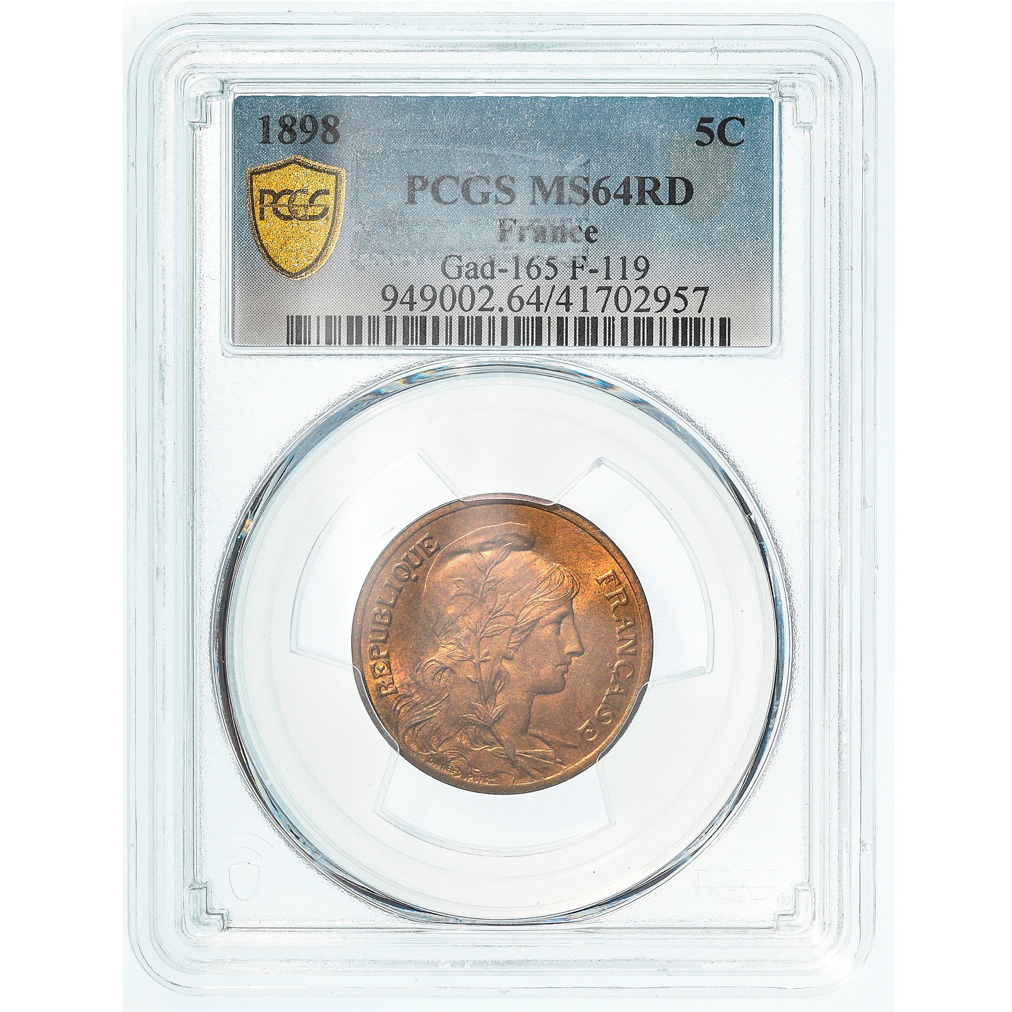 Coin, France, Dupuis, 5 Centimes, 1898, Paris, PCGS, MS64RD, MS(64), Bronze