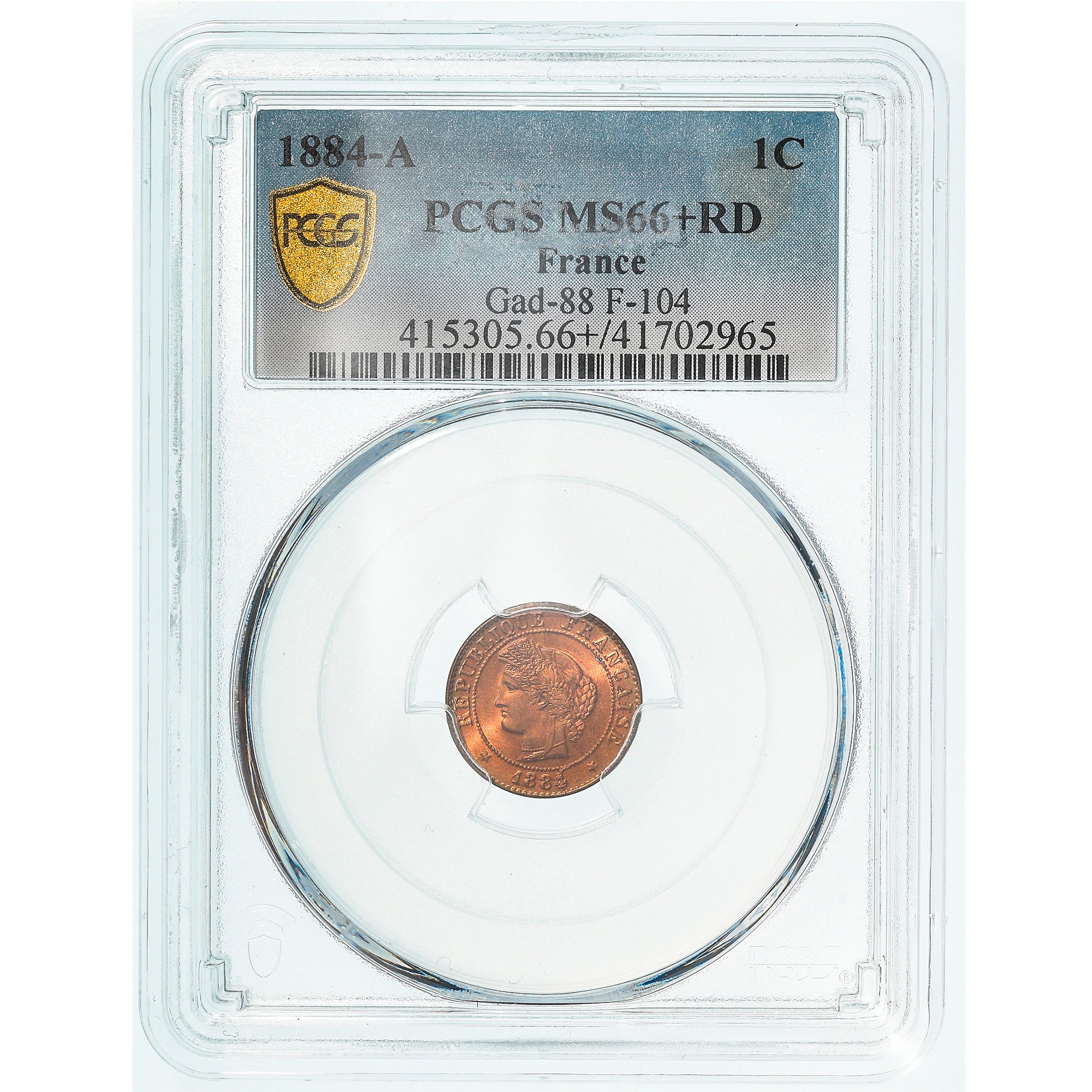 Coin, France, Cérès, Centime, 1884, Paris, PCGS, MS66+RD, MS(65-70), Bronze