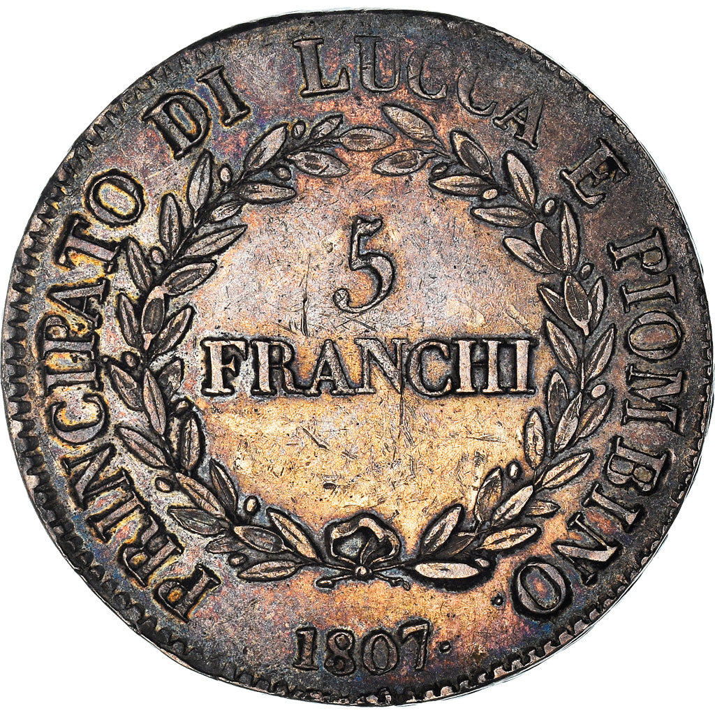 Coin, ITALIAN STATES, LUCCA, Felix and Elisa, 5 Franchi, 1807, Firenze