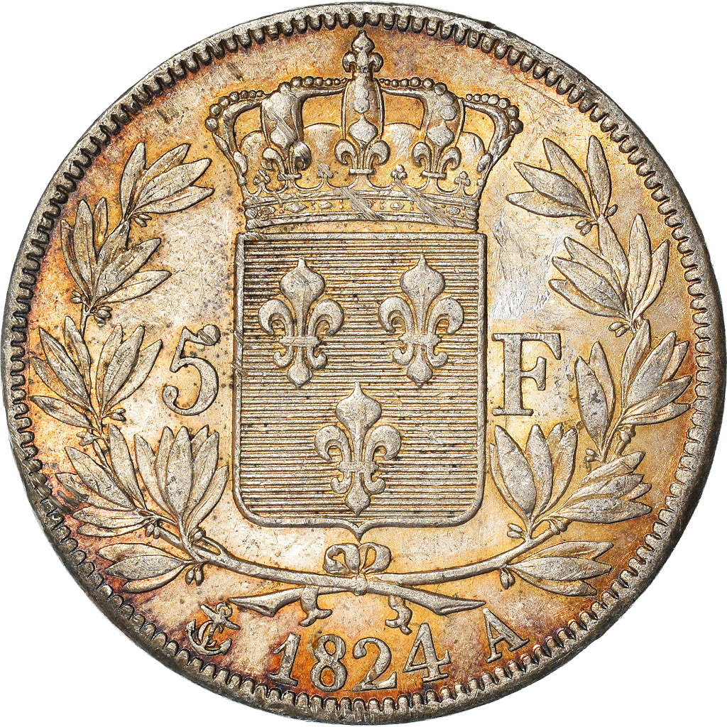 Moneda, Francia, Louis XVIII, Louis XVIII, 5 Francs, 1824, Paris, MBC, Plata