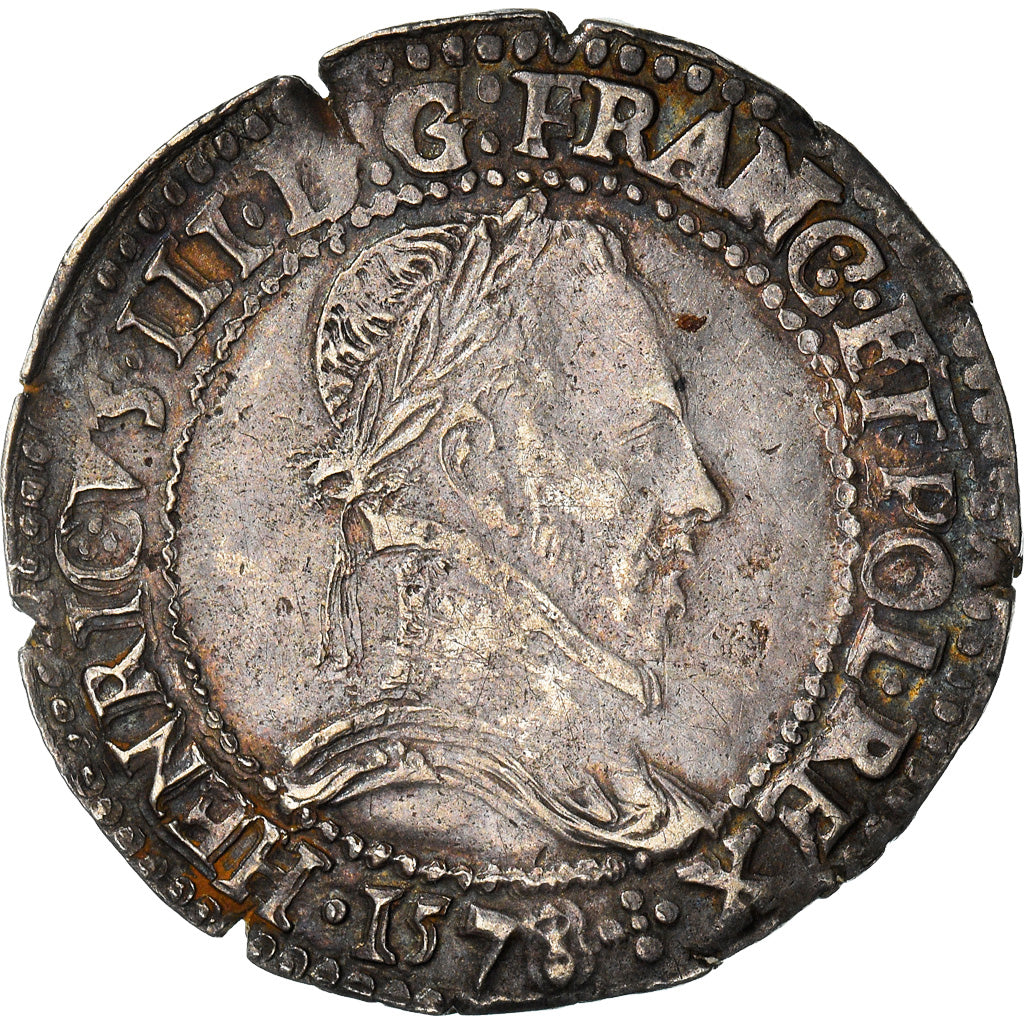 Monnaie, France, Henri III, 1/2 Franc au col plat, 1578, Lyon, TTB+, Argent