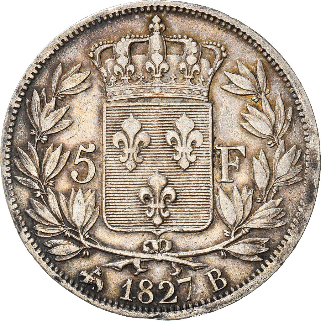 Moneta, Francia, Charles X, 5 Francs, 1827, Rouen, BB, Argento, KM:728.2
