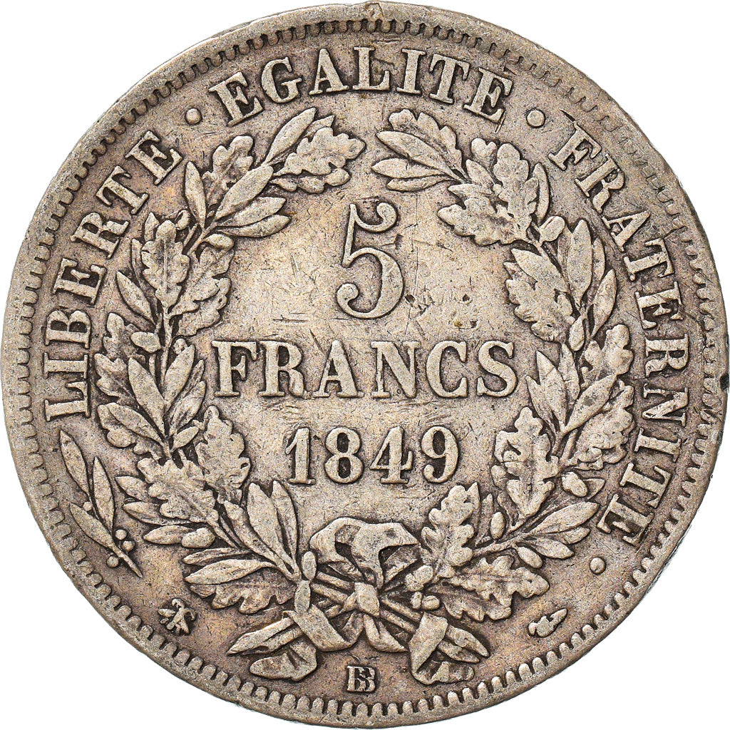 Moneta, Francia, Cérès, 5 Francs, 1849, Strasbourg, BB, Argento, KM:761.2