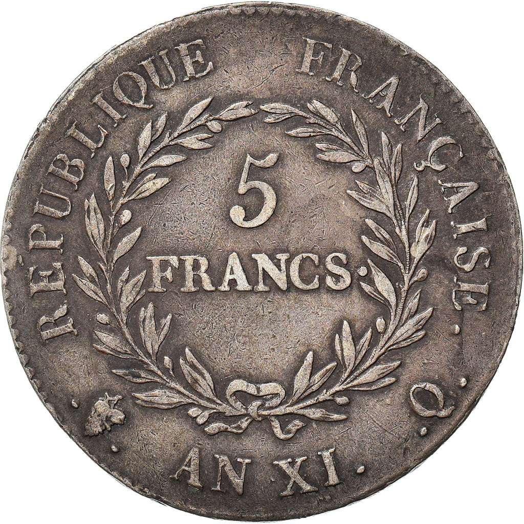 Monnaie, France, Napoleon I, 5 Francs, An XI, Perpignan, TTB, Argent, KM:650.6