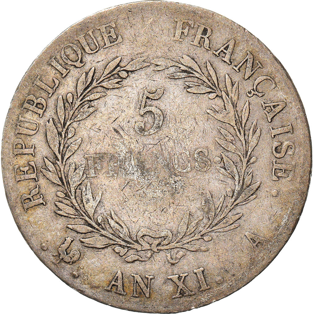 Monnaie, France, Napoleon I, 5 Francs, An XI, Paris, TB+, Argent, Gadoury:577