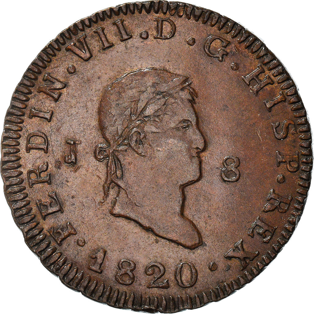 Münze, Spanien, Ferdinand VII, 8 Maravedis, 1820, Jubia, SS+, Kupfer, KM:491