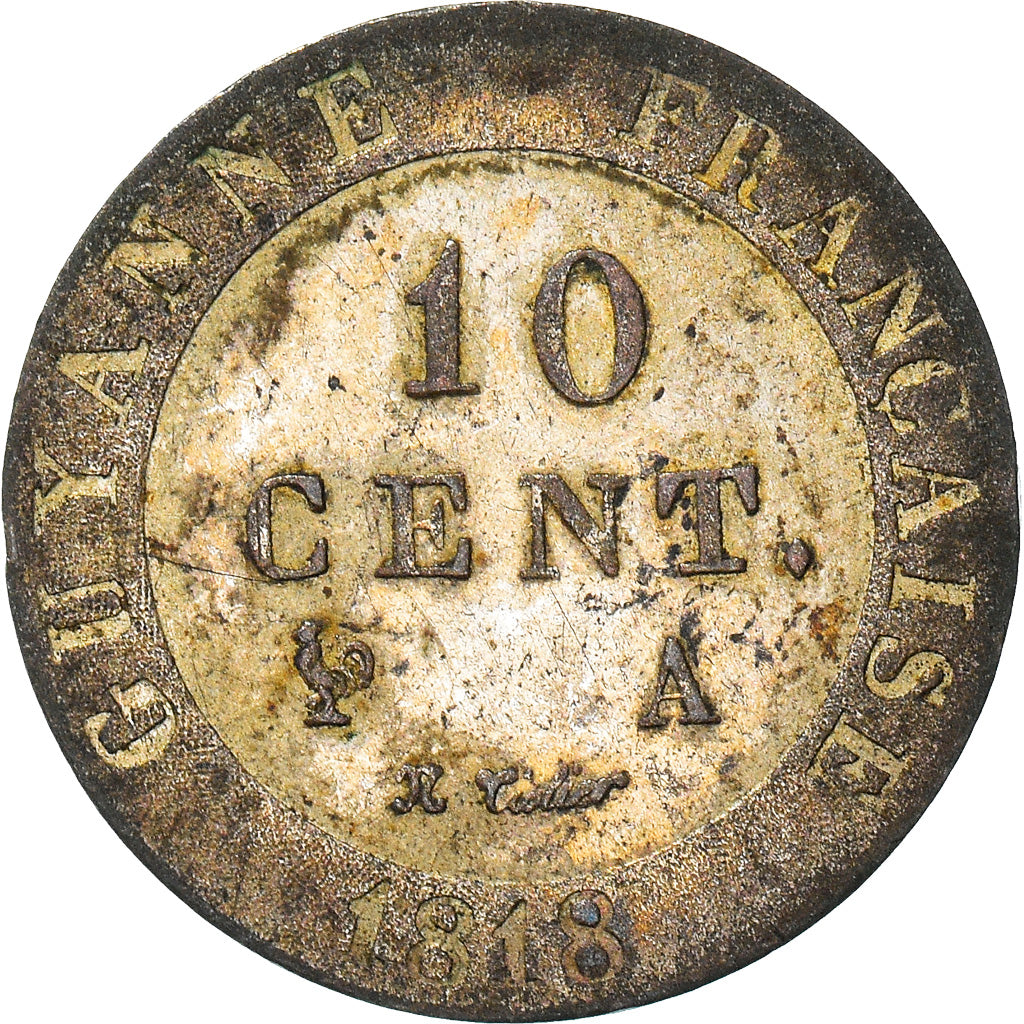 Moneda, GUAYANA FRANCESA, Louis XVIII, 10 Centimes, 1818, Paris, BC+, Vellón