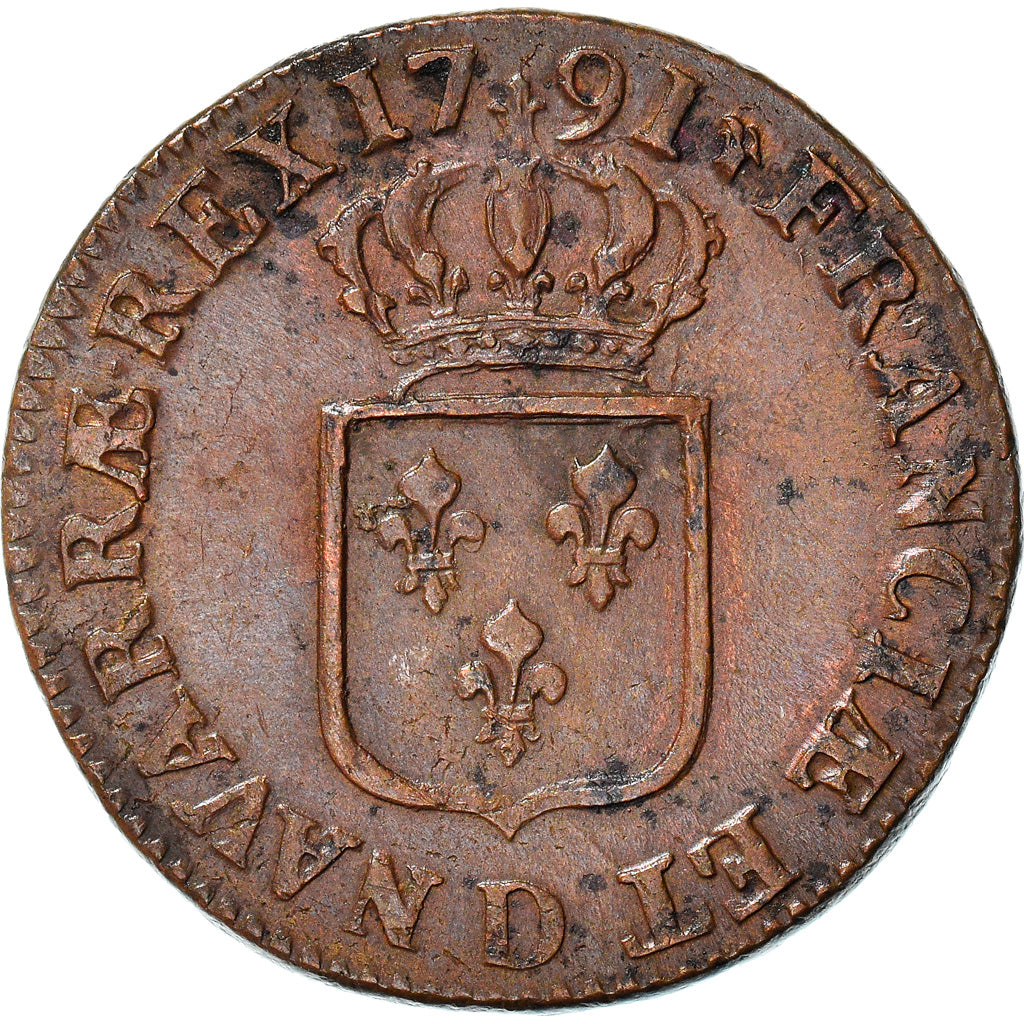 Monnaie, France, Louis XVI, Sol à l'Ecu, 1791, Lyon, TTB+, Cuivre, Gadoury:350