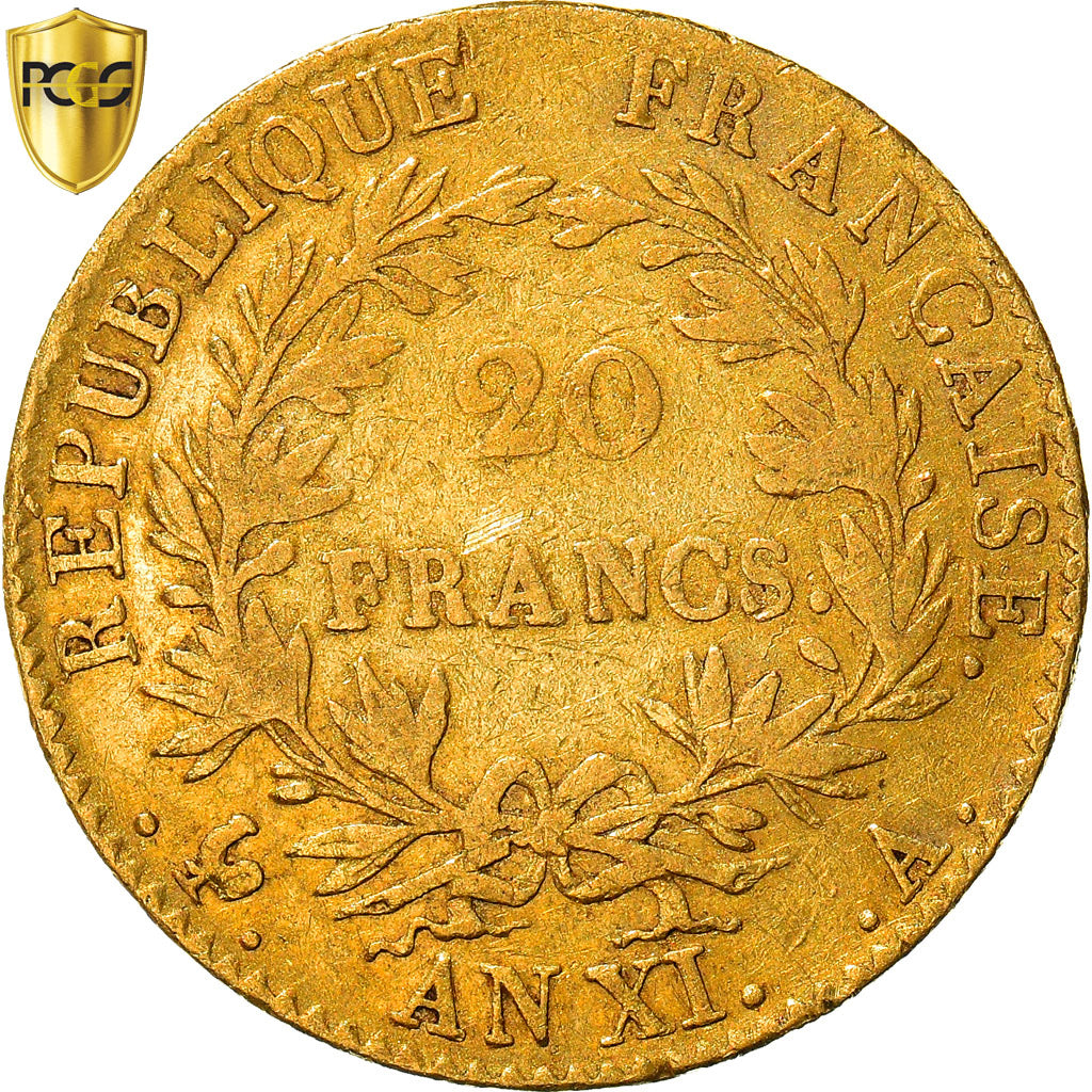 Moneta, Francia, Napoléon I, 20 Francs, An XI, Paris, PCGS, VG10, B, Oro