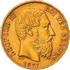Moneta, Belgia, Leopold II, 20 Francs, 20 Frank, 1877, AU(50-53), Złoto, KM:37