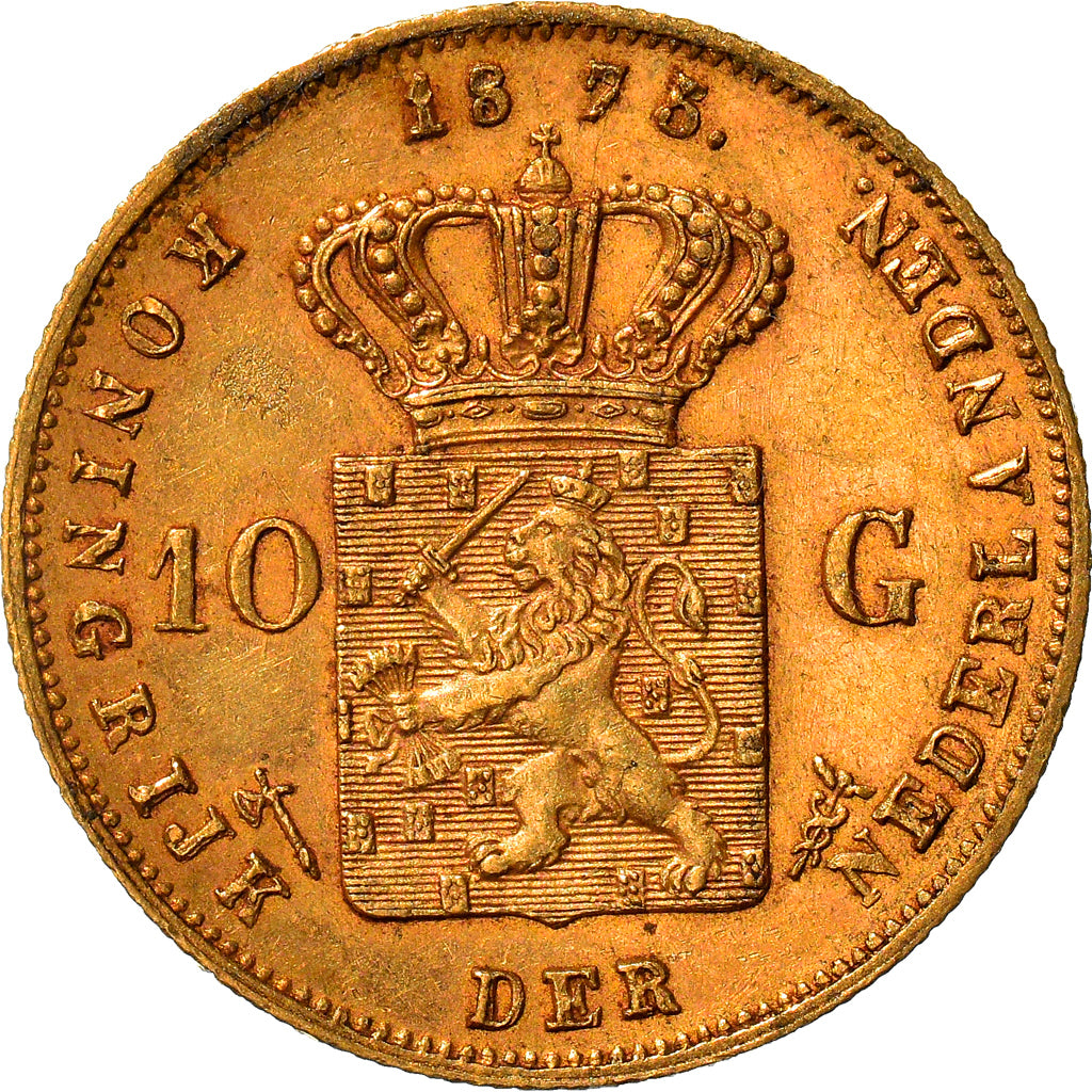 Moneta, Paesi Bassi, William III, 10 Gulden, 1875, BB+, Oro, KM:105