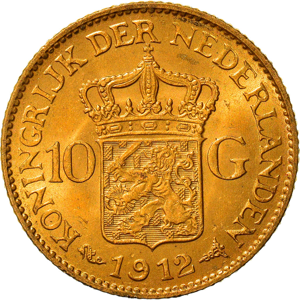 Coin, Netherlands, Wilhelmina I, 10 Gulden, 1912, AU(50-53), Gold, KM:149