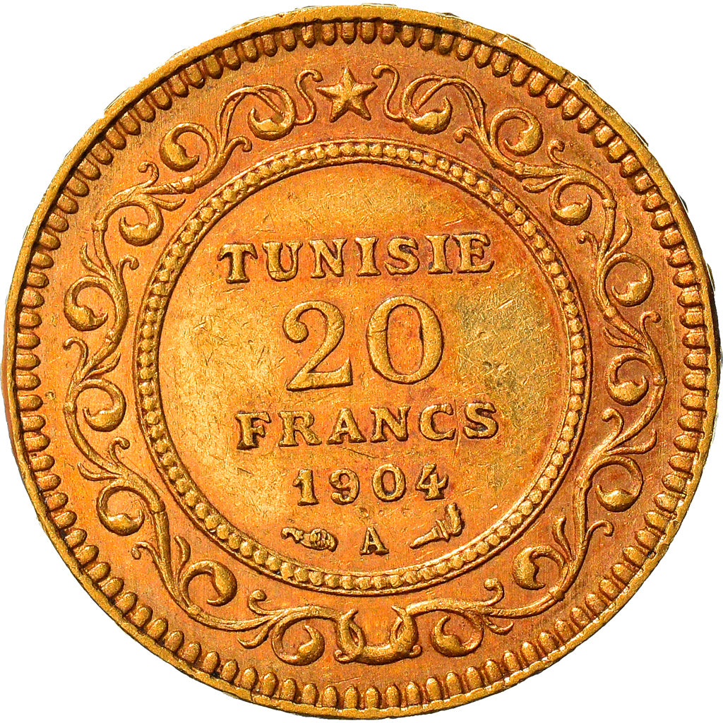 Coin, Tunisia, Muhammad al-Hadi Bey, 20 Francs, 1904, Paris, AU(50-53), Gold