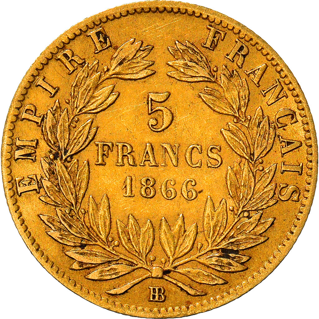 Munten, Frankrijk, Napoleon III, 5 Francs, 1866, Strasbourg, ZF, Goud, KM:803.2