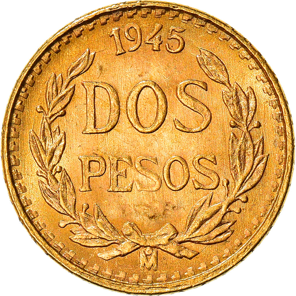 Coin, Mexico, 2 Pesos, 1945, Mexico City, AU(55-58), Gold, KM:461