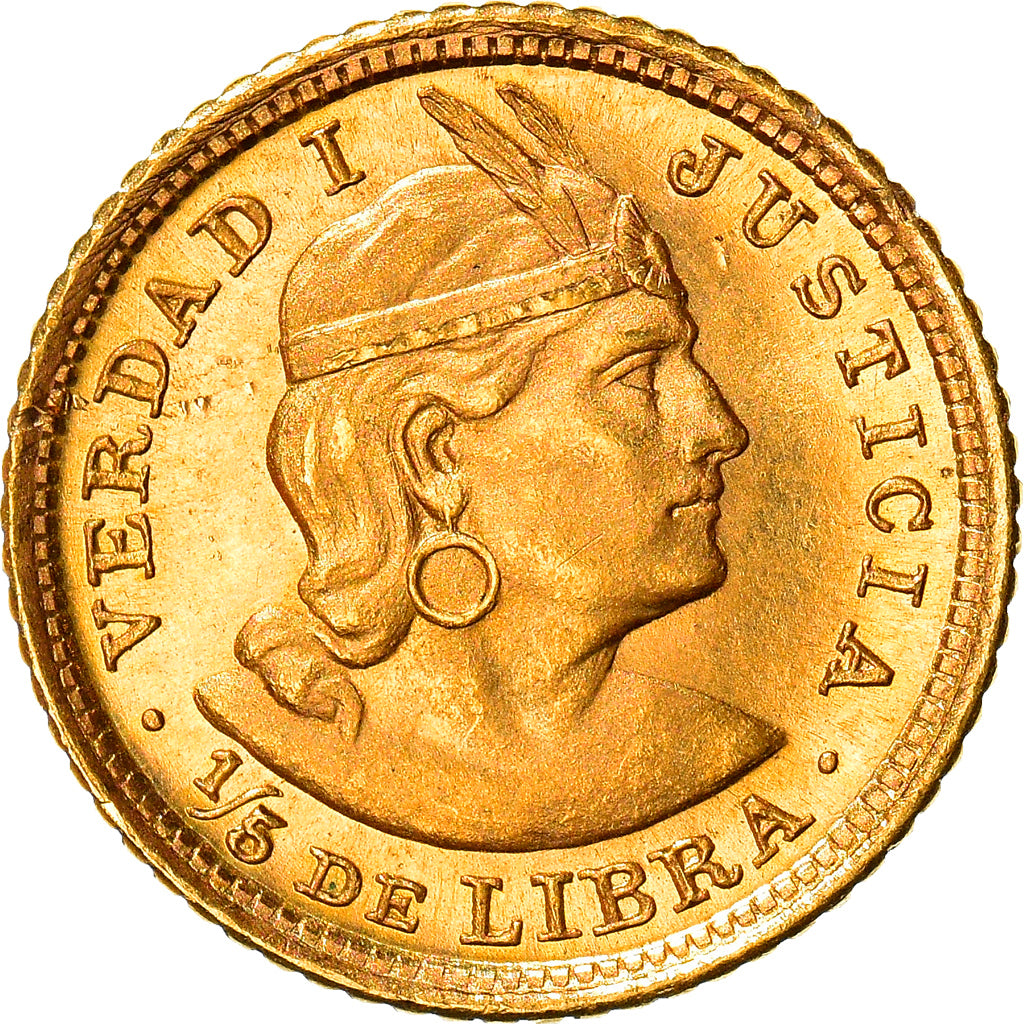 Moneda, Perú, 1/5 Libra, Pound, 1965, Lima, SC, Oro, KM:210