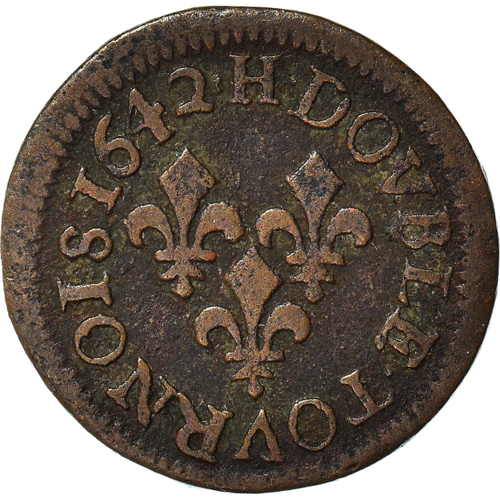 Münze, Frankreich, Louis XIII, Double Tournois, 1642, La Rochelle, S+, Kupfer