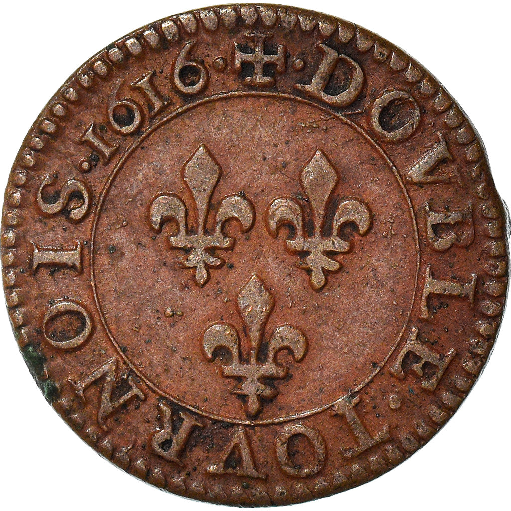Moneta, Francja, Louis XIII, Double Tournois, 1616, Paris, AU(50-53), Miedź