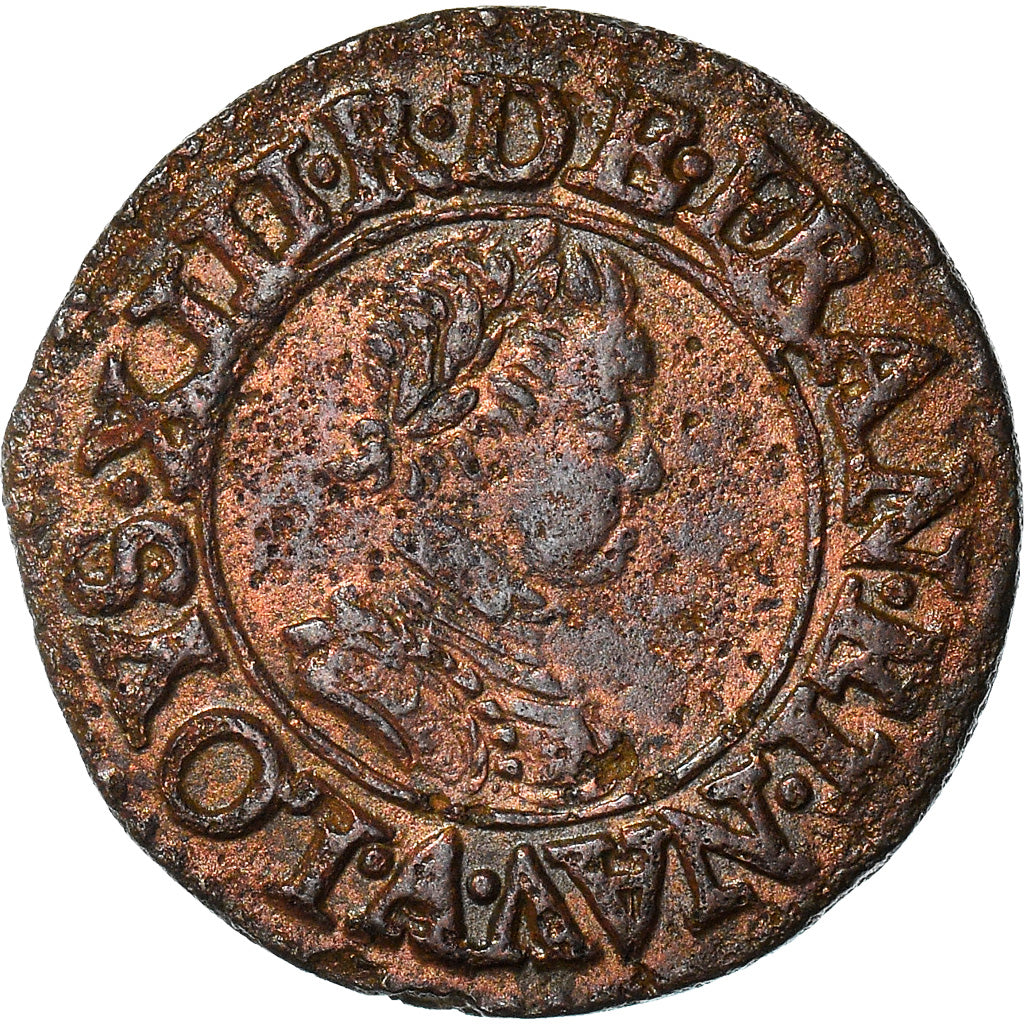 Moeda, França, Louis XIII, Denier Tournois, 1617, Paris, AU(50-53), Cobre