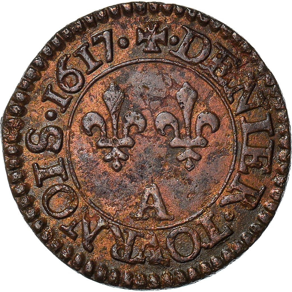 Moeda, França, Louis XIII, Denier Tournois, 1617, Paris, AU(50-53), Cobre
