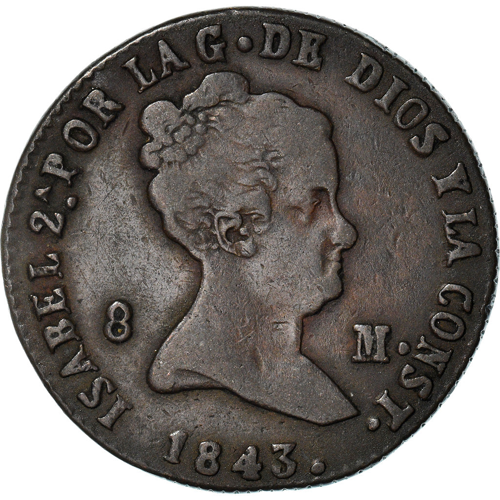 Moneda, España, Isabel II, 8 Maravedis, 1843, Segovia, MBC, Cobre, KM:531.3