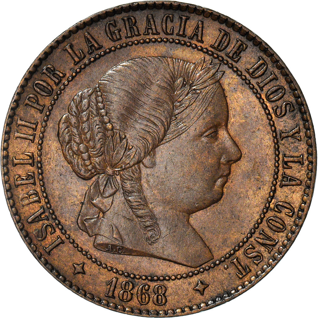 Coin, Spain, Isabel II, 2-1/2 Centimos, 1868, Jubia, MS(60-62), Copper, KM:634.2