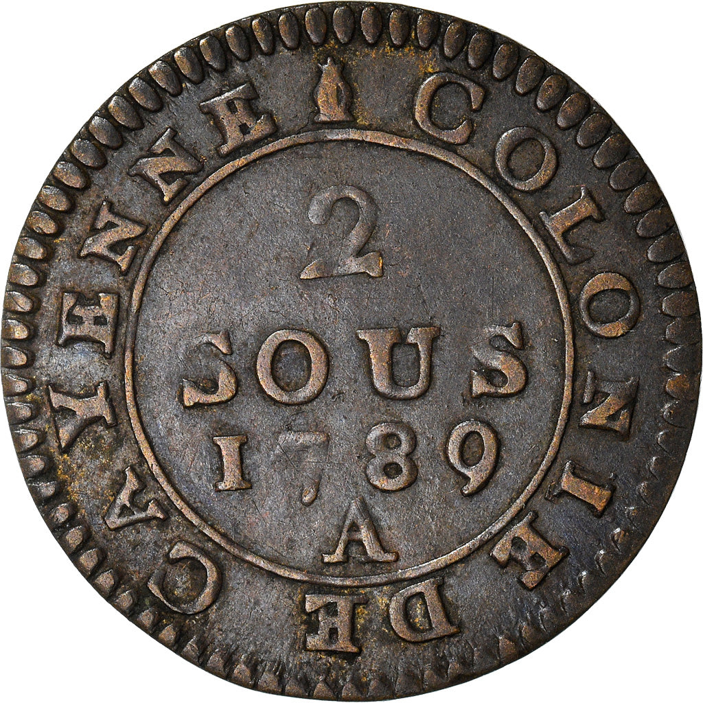 Moneta, GUJANA FRANCUSKA, Louis XVI, 2 Sous, 1789, Paris, AU(50-53), Bilon