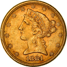 Munten, Verenigde Staten, $5, Half Eagle, 1881, Philadelphia, ZF+, Goud, KM:101
