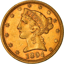 Moneta, USA, Coronet Head, $5, Half Eagle, 1894, Philadelphia, AU(55-58)