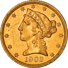 Moneta, USA, Coronet Head, $5, Half Eagle, 1902, U.S. Mint, Philadelphia