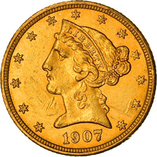 Monnaie, États-Unis, Coronet Head, $5, Half Eagle, 1907, U.S. Mint, Denver