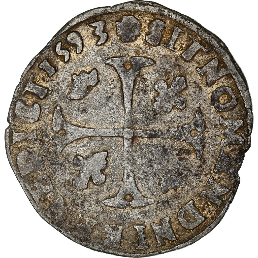 Moeda, França, Henri IV, Douzain, 1593, Riom, VF(30-35), Lingote, Sombart:4420