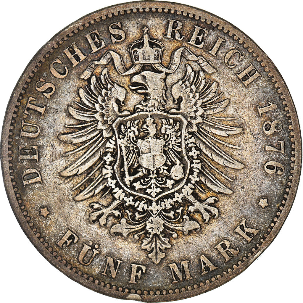 Moneda, Estados alemanes, PRUSSIA, Wilhelm I, 5 Mark, 1876, Breslau, BC+, Plata