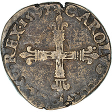 Moneda, Francia, Charles X, 1/4 Ecu, 1592, Nantes, BC+, Plata, Duplessy:1177