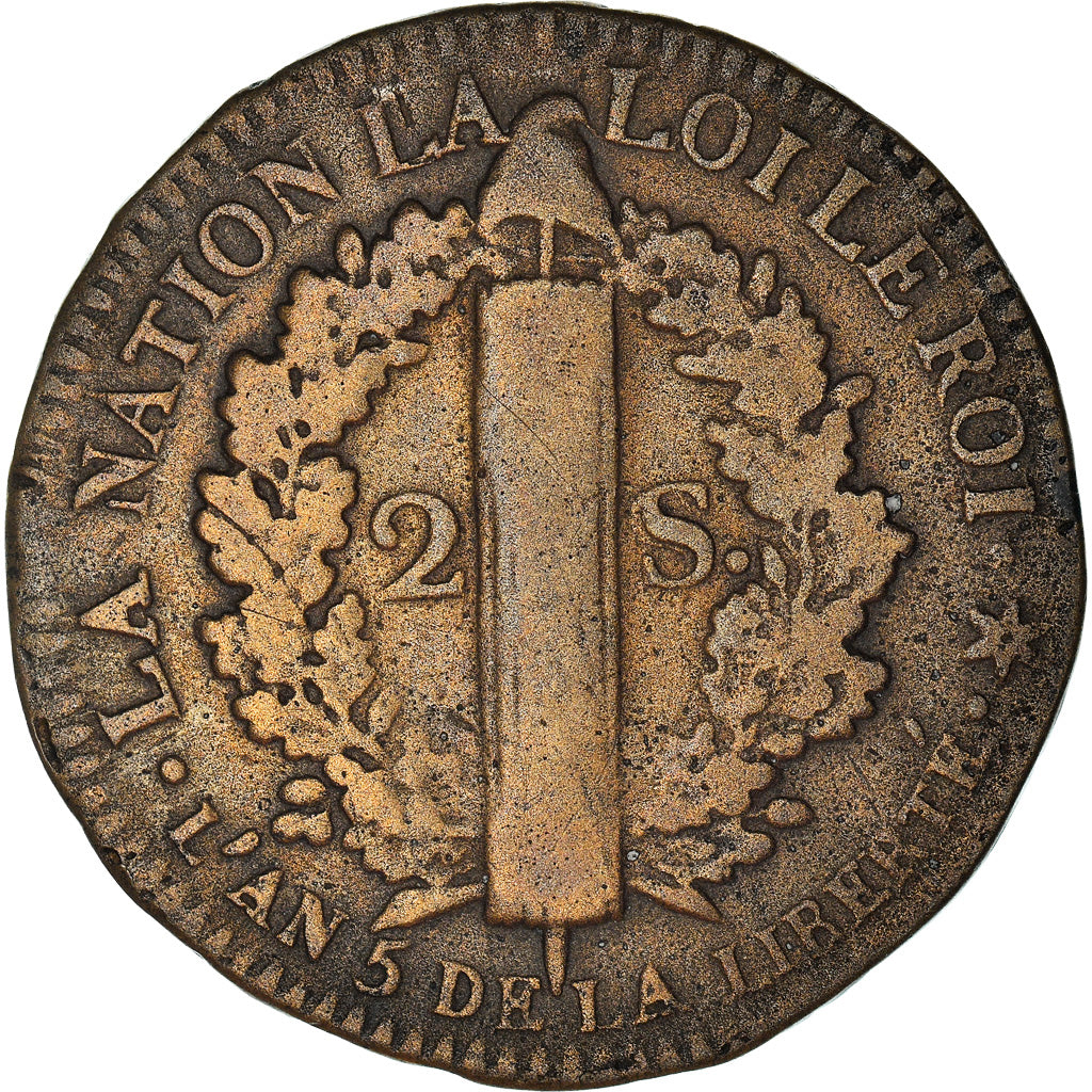 Moeda, França, Louis XVI, 2 sols français, 2 Sols, 1793, Strasbourg
