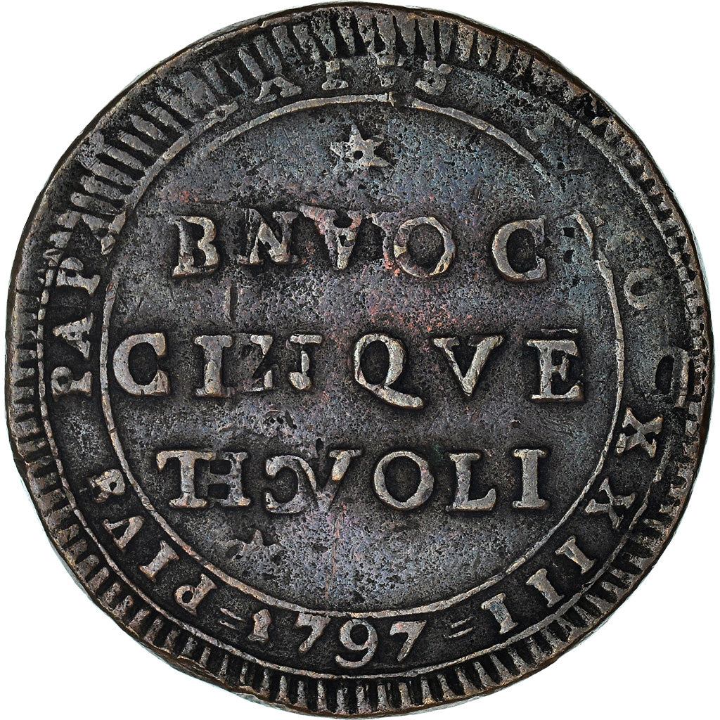 Monnaie, États italiens, PAPAL STATES-TIVOLI, 5 Baiocchi, 1797, Tivoli