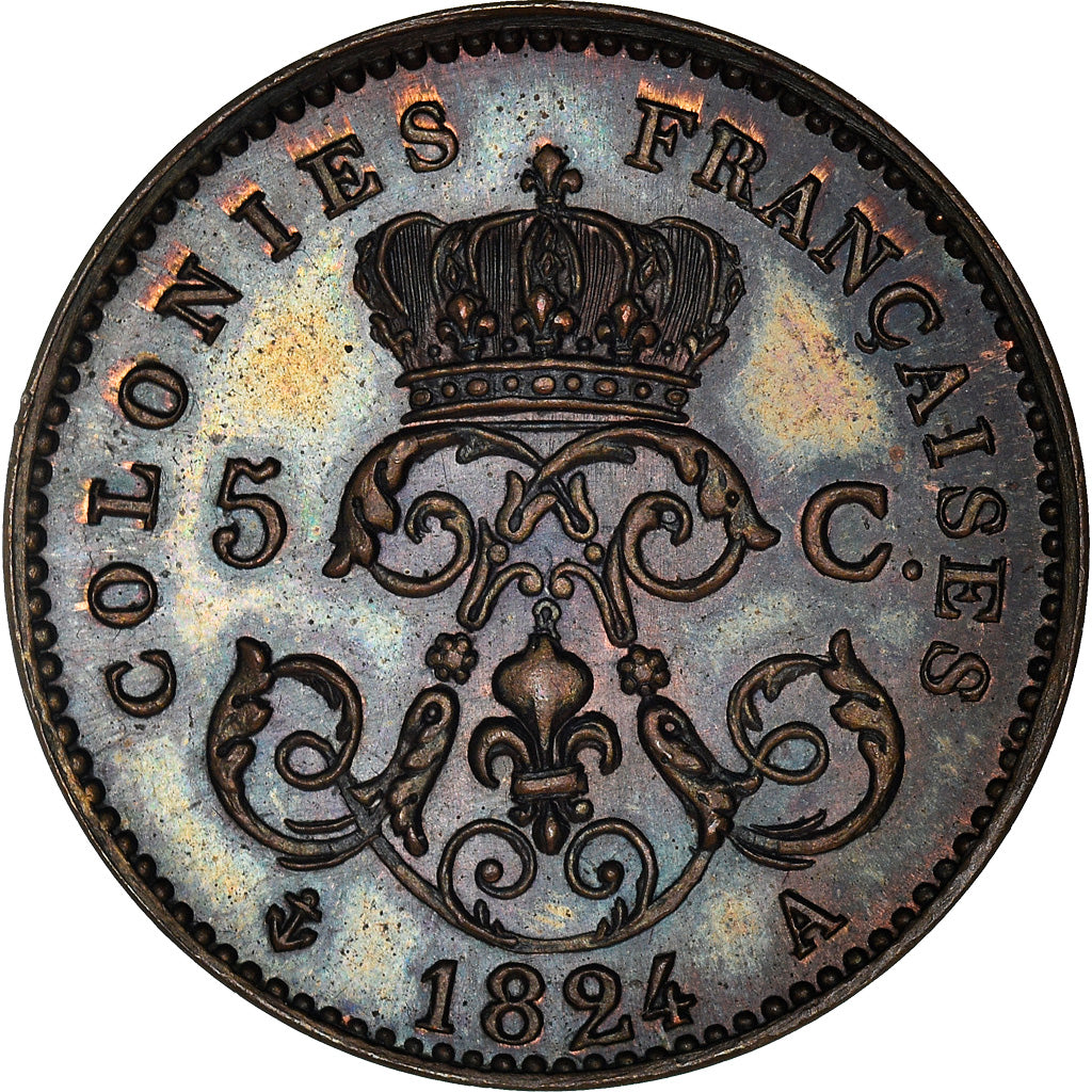 Coin, FRENCH COLONIES, Louis XVIII, 5 Centimes, 1824, Paris, MS(63), Bronze