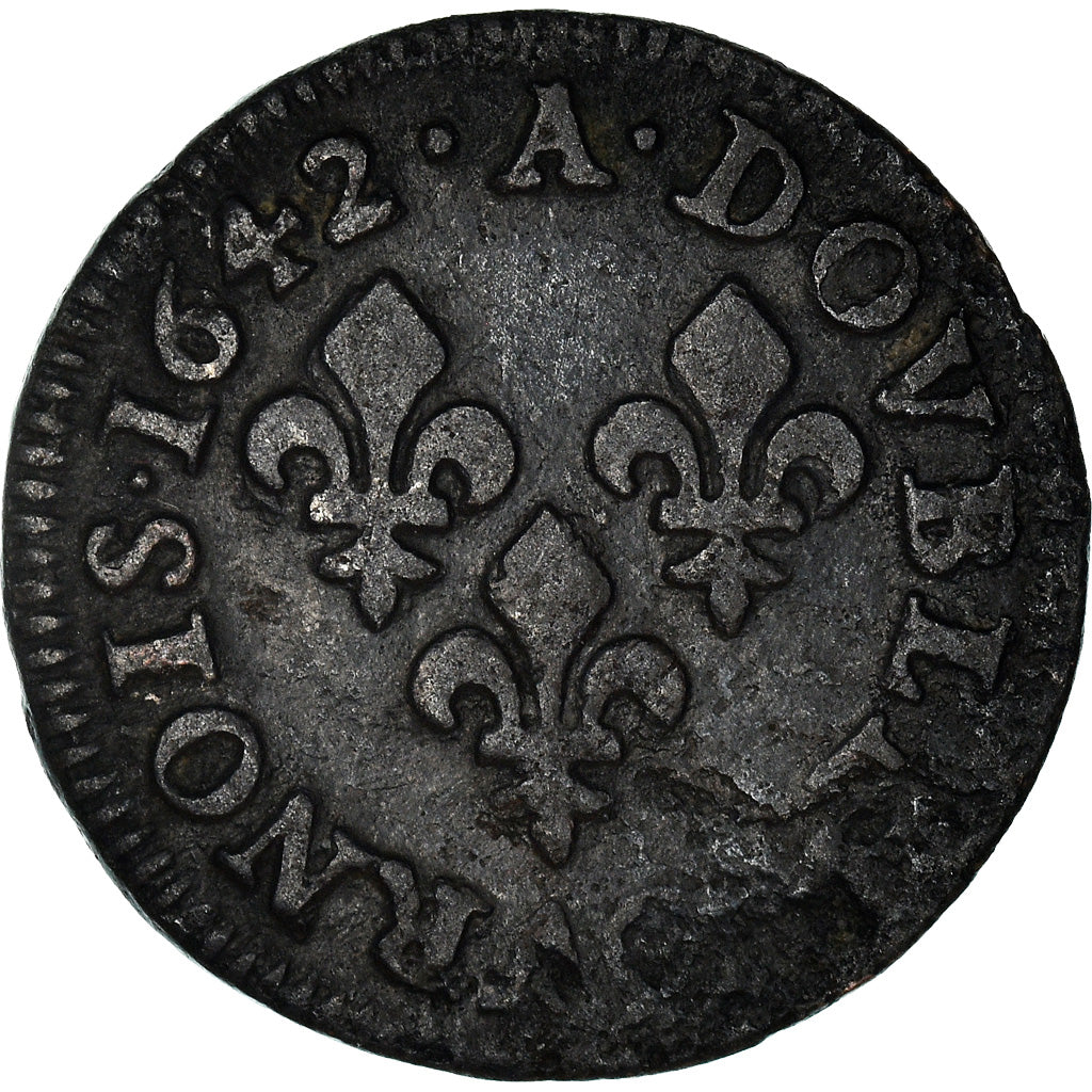 Moeda, França, Louis XIII, Double tournois de Warin, tête à gauche, Double