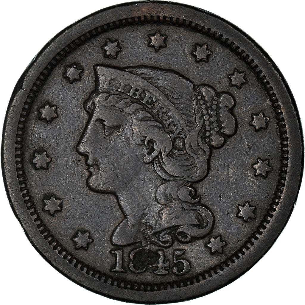 Coin, United States, Braided Hair Cent, Cent, 1845, U.S. Mint, Philadelphia