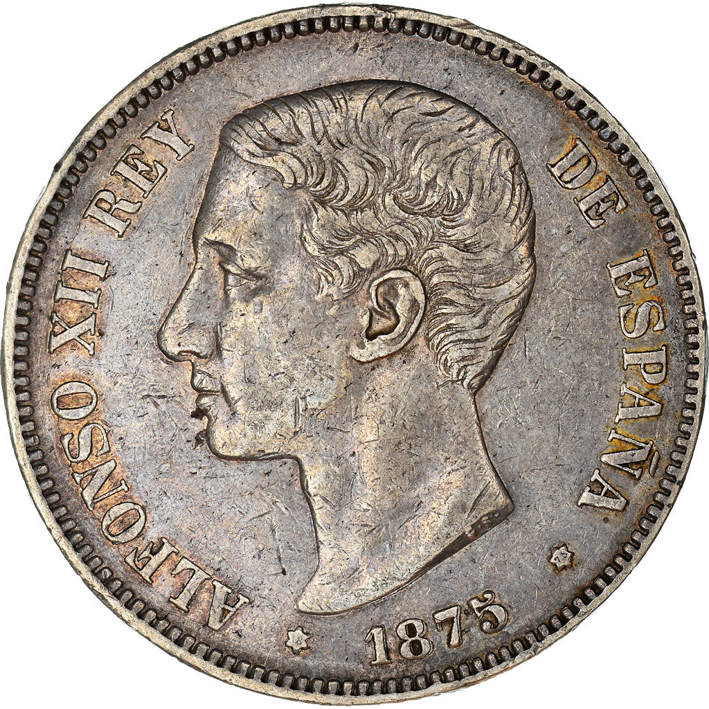 Coin, Spain, Alfonso XII, 5 Pesetas, 1875, Madrid, AU(50-53), Silver, KM:671