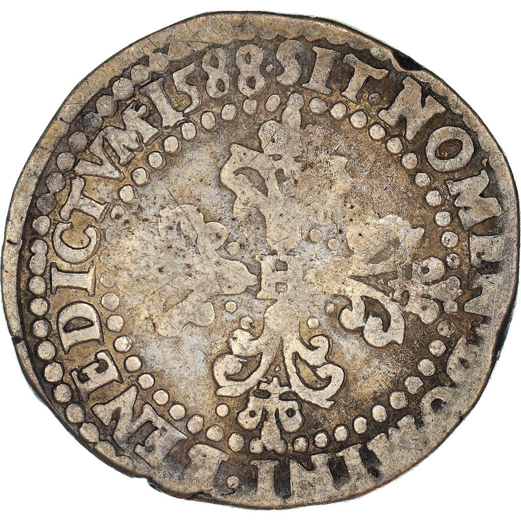 Moneta, Francia, Henri III, 1/4 Franc au col plat, 1588, Rouen, B+, Argento