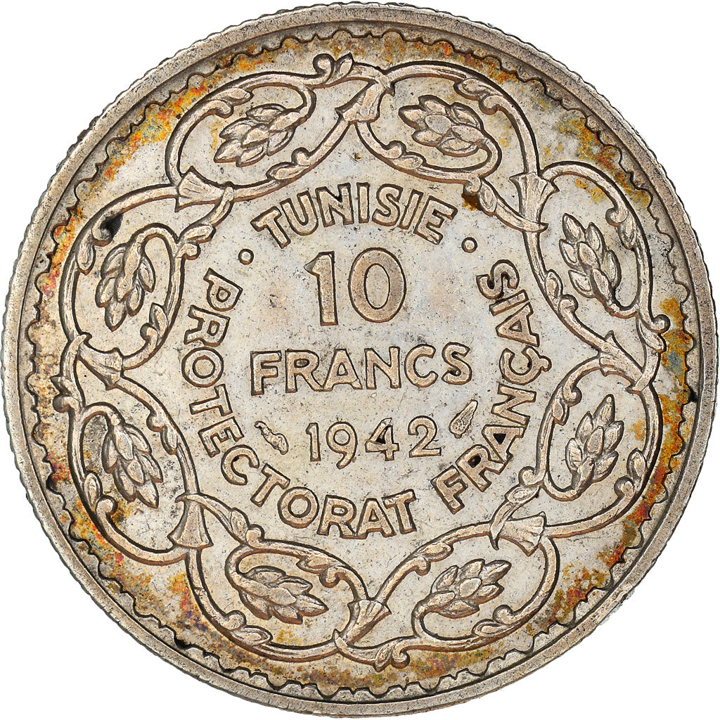 Moneta, Tunisia, Ahmad Pasha Bey, 10 Francs, 1942, Paris, MS(60-62), Srebro