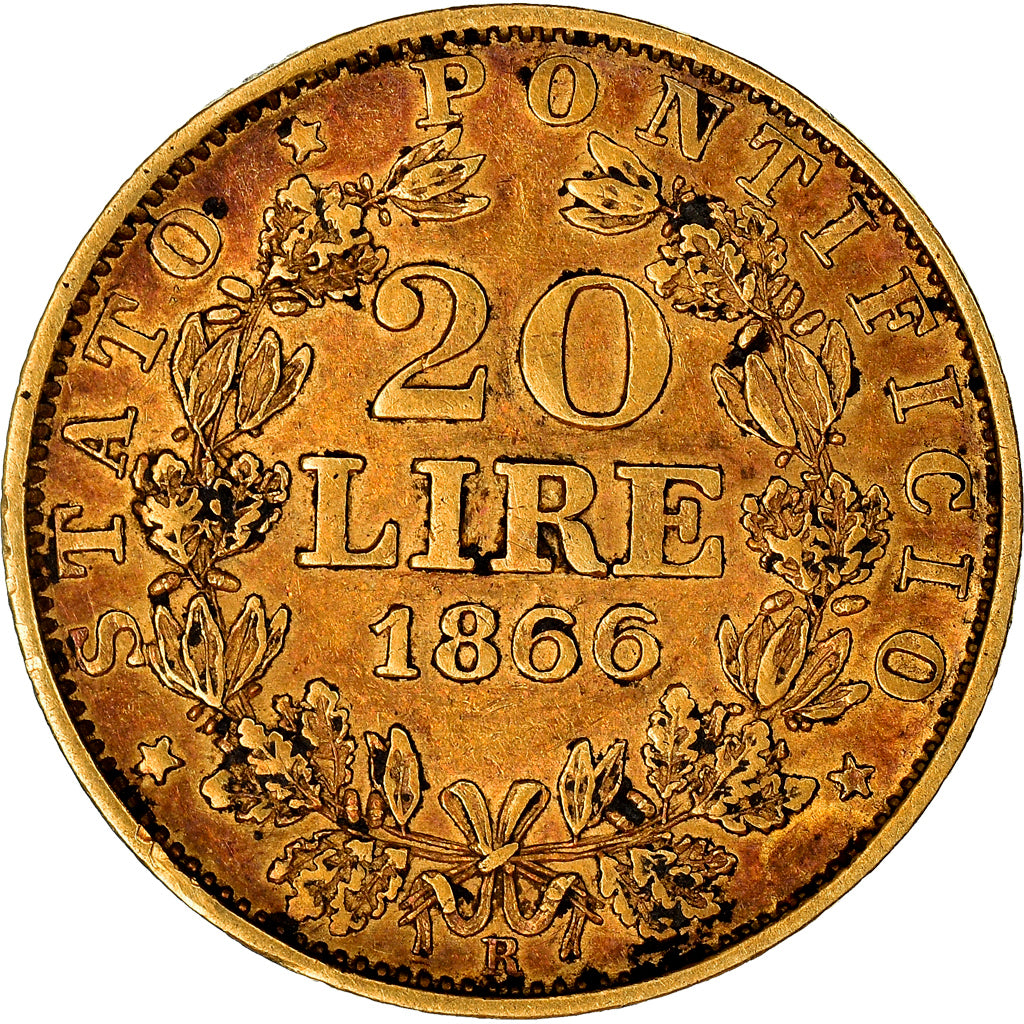 Moneta, DEPARTAMENTY WŁOSKIE, PAPAL STATES, Pius IX, 20 Lire, 1866, Rome