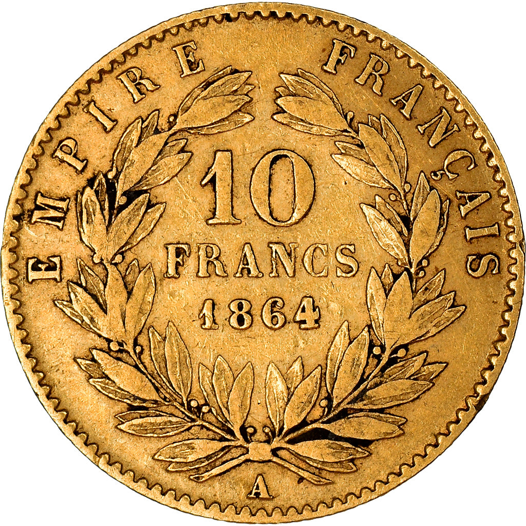 Moneta, Francja, Napoleon III, 10 Francs, 1864, Paris, VF(30-35), Złoto