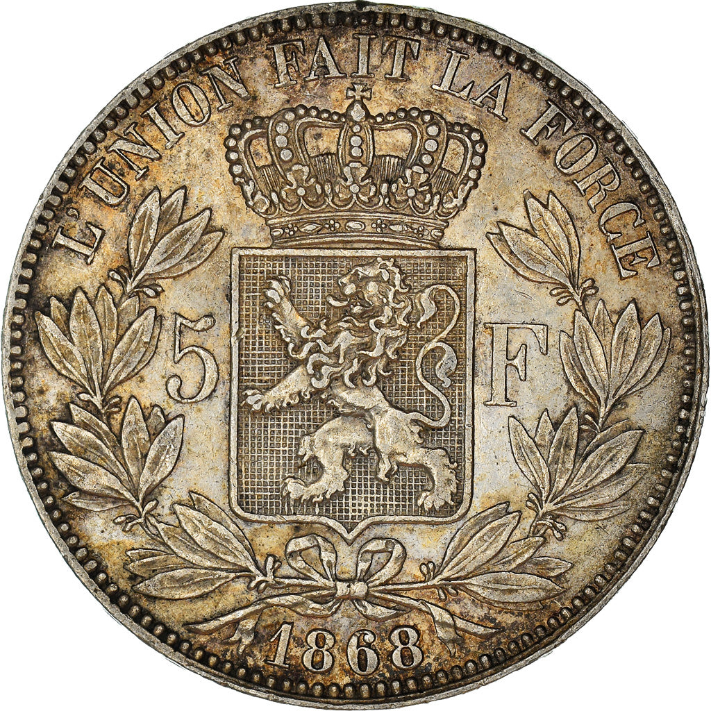 Moneta, Belgio, Leopold II, 5 Francs, 5 Frank, 1868, Brussels, BB+, Argento