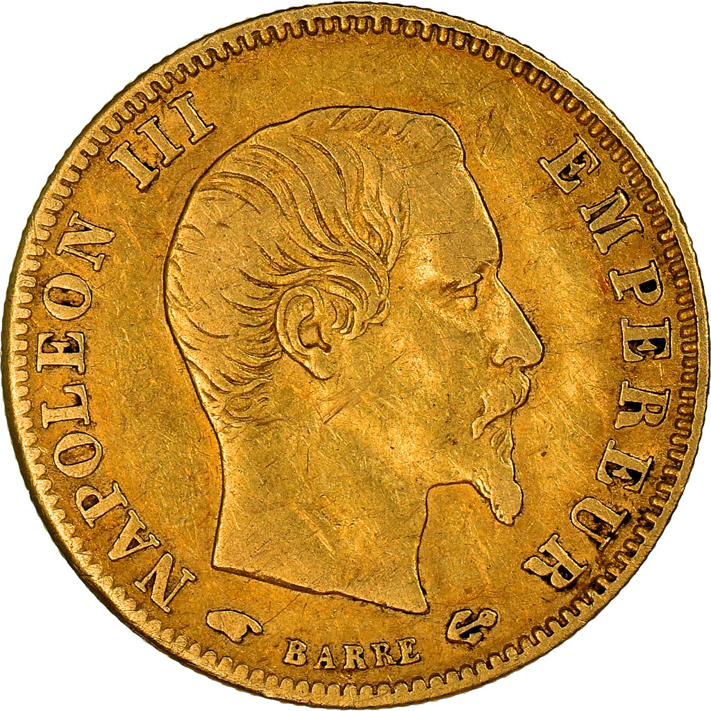 Moneta, Francia, Napoleon III, 5 Francs, 1858, Paris, MB+, Oro, KM:787.1