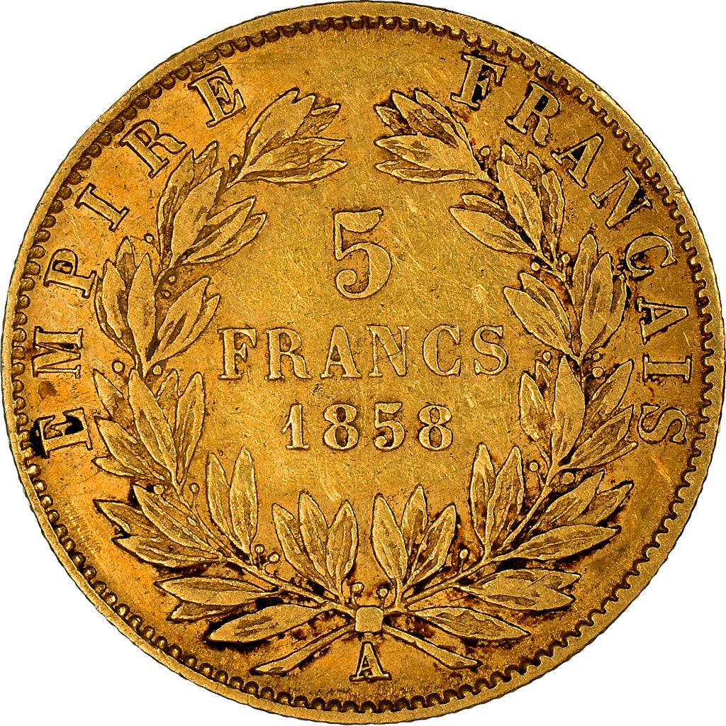 Moneta, Francia, Napoleon III, 5 Francs, 1858, Paris, MB+, Oro, KM:787.1