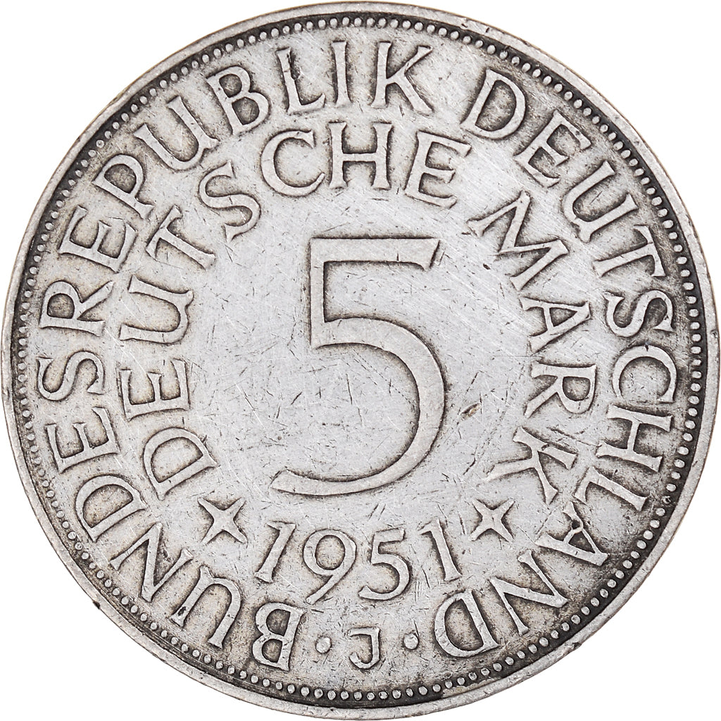 Coin, GERMANY - FEDERAL REPUBLIC, 5 Mark, 1951, Hambourg, EF(40-45), Silver