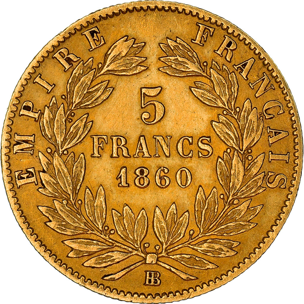 Moneta, Francja, Napoleon III, 5 Francs, 1860, Strasbourg, EF(40-45), Złoto
